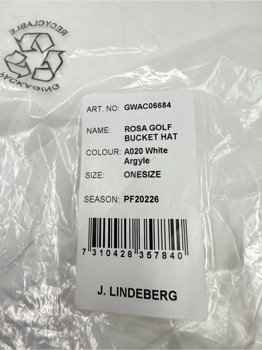 J.Lindegerg Rosa Golf Bucket Hat Golf Cap in White Argyle Unisex NEW WITH TAGS!